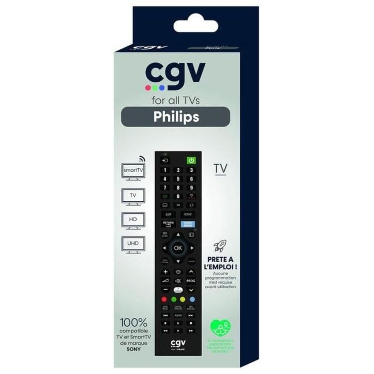 TV-Fernbedienung in einer Box. Schwarze Knöpfe, weißer Text. Die Marke ist CGV für Philips-Fernseher.