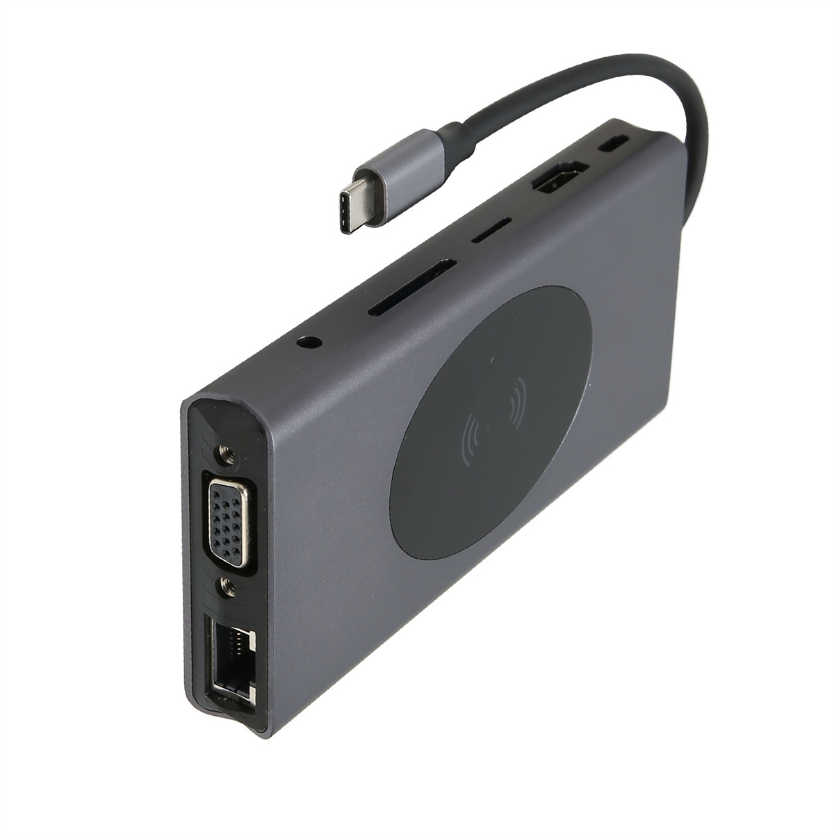 Grauer Hub mit Anschlüssen, u.a. USB, HDMI und Ladeanschluss.