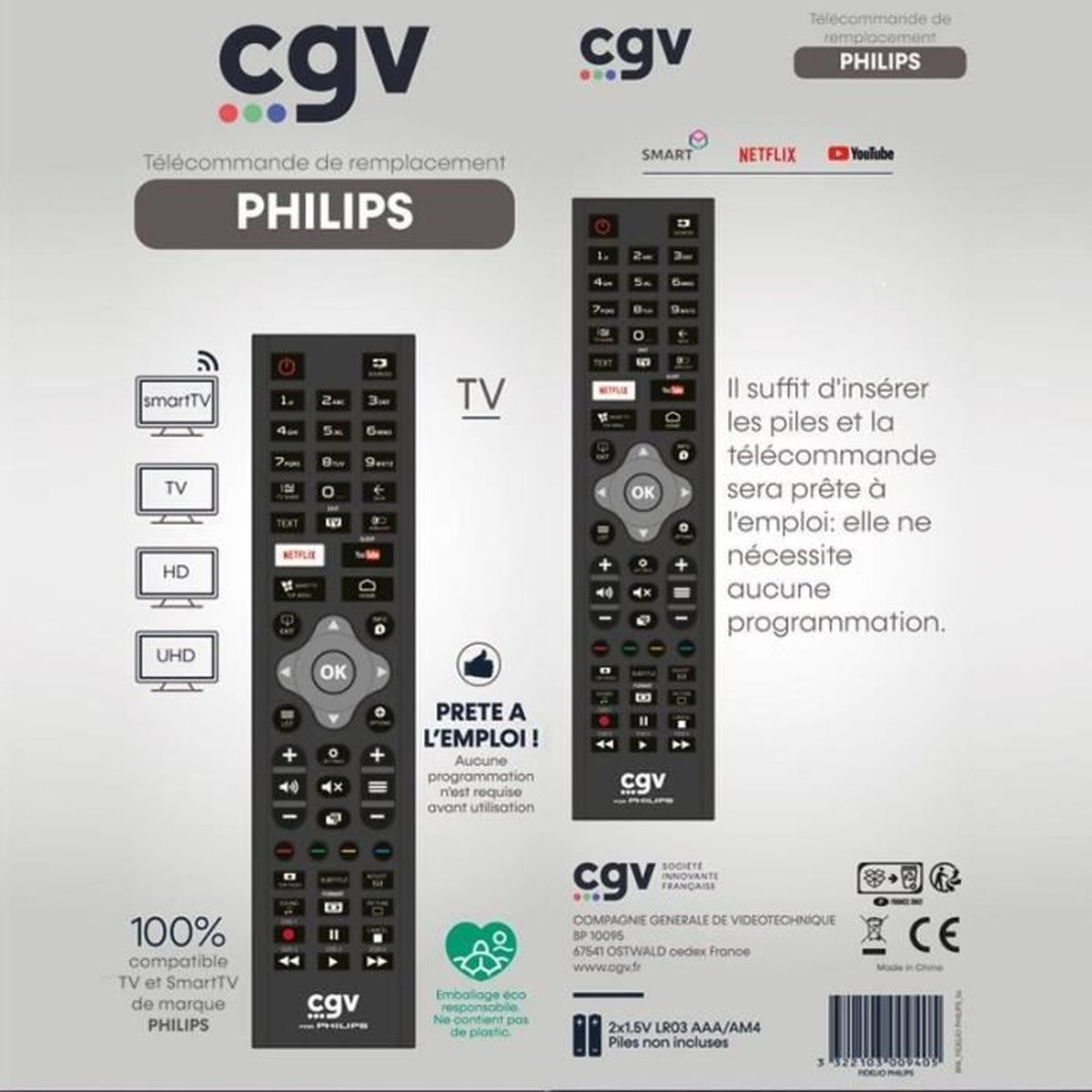 Zwei CGV-Fernbedienungen. Eine ist Philips TV-Ersatz, die andere hat Netflix & Smart-Tasten.