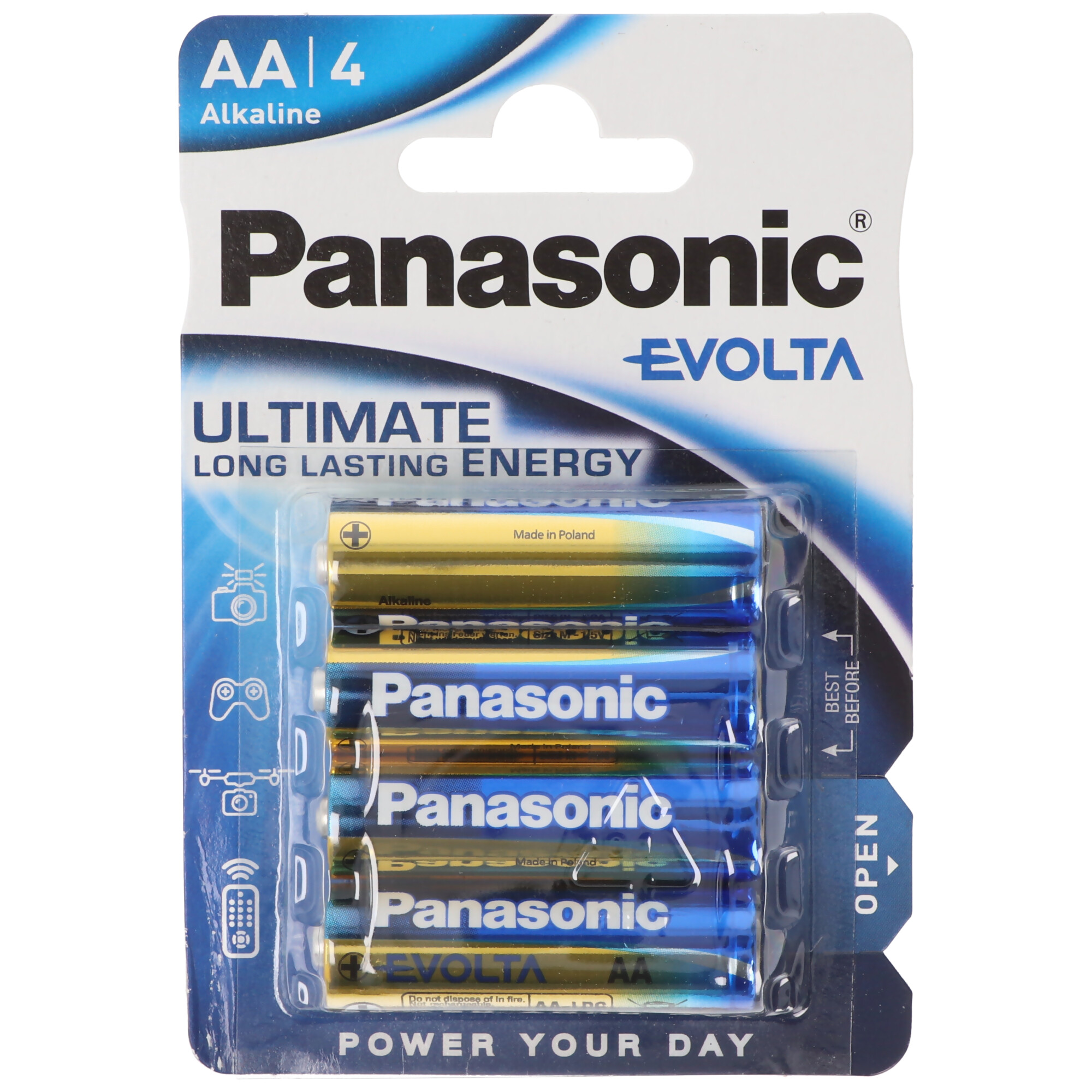 Opakowanie czterech baterii AA Panasonic. Opakowanie jest niebiesko-białe, z widoczną marką.