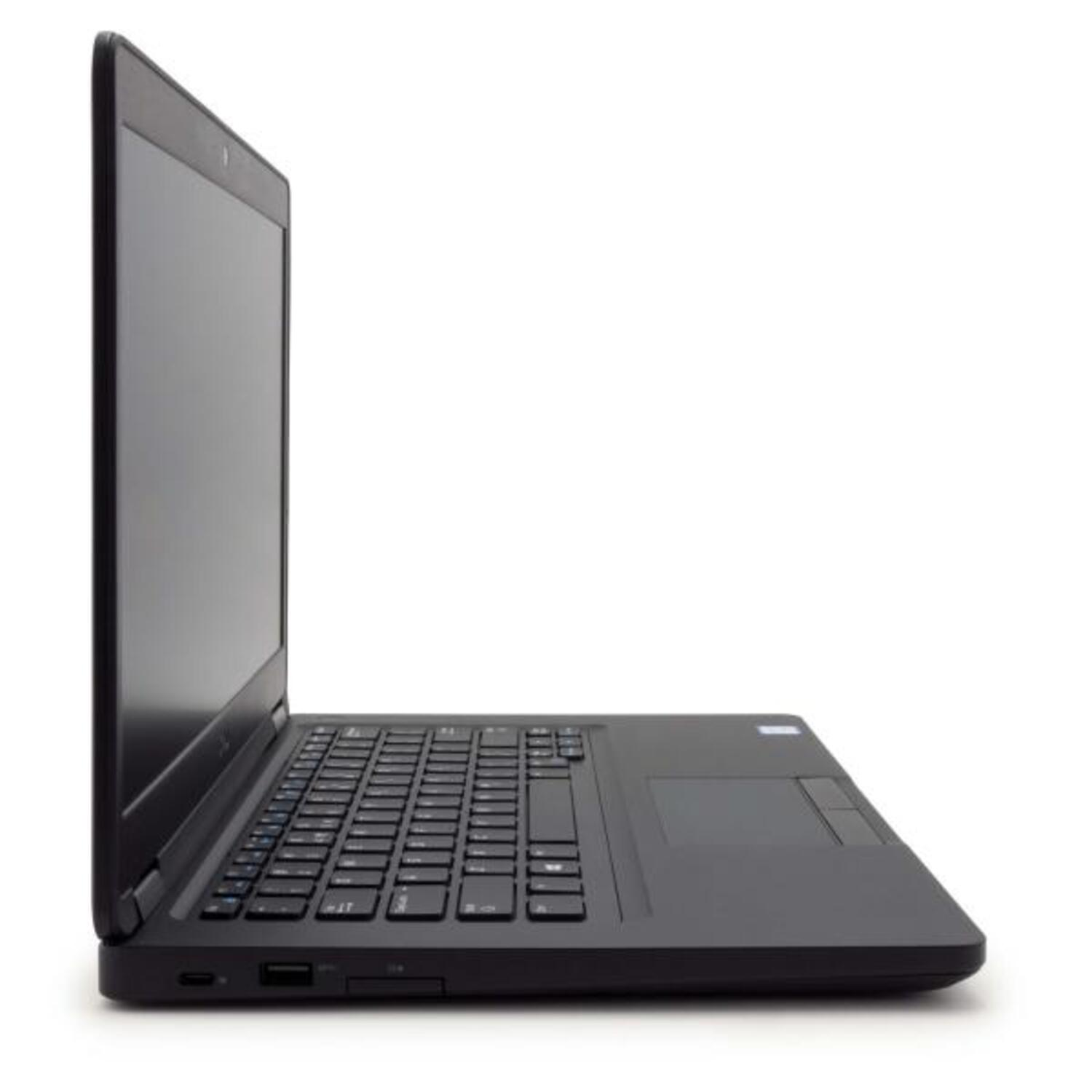 Ein schwarzer Laptop auf weißem Hintergrund. Seitenansicht.