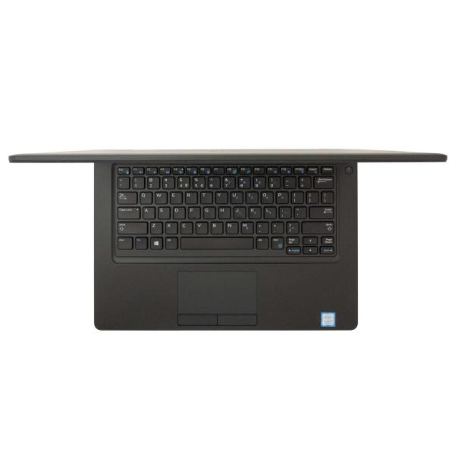Schwarzer Laptop, Draufsicht, geöffnet. Tastatur sichtbar, Touchpad unten. Weißer Hintergrund.
