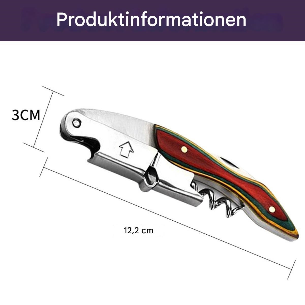 Ein Korkenzieher mit Holzgriff und silbernem Körper, mit Messung und Text.