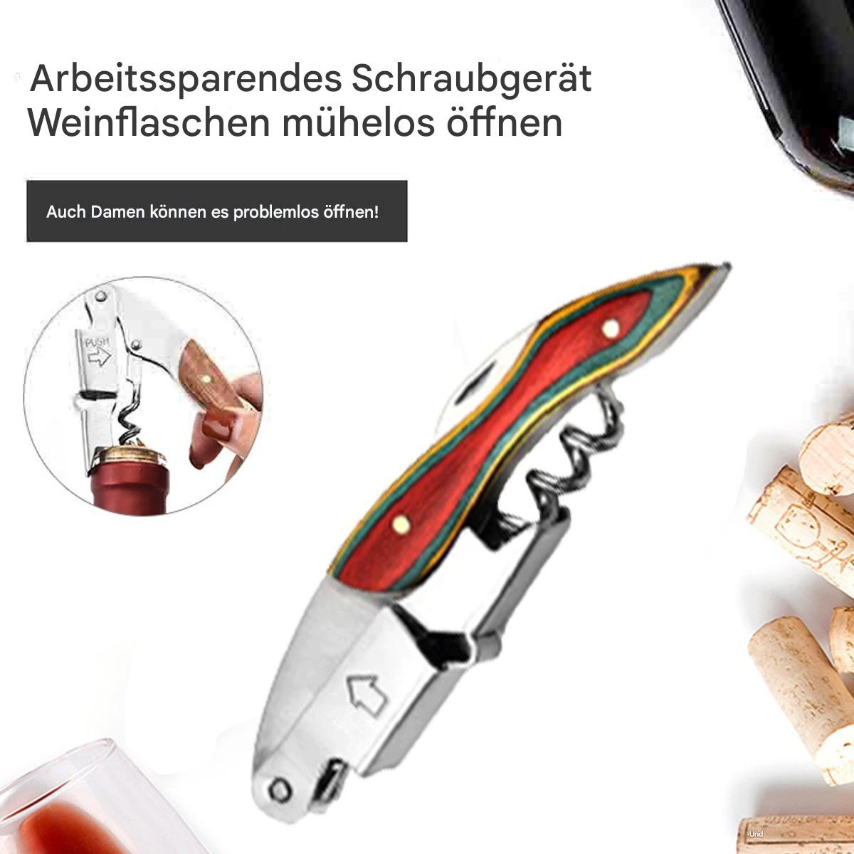Ein Korkenzieher mit Holzgriff und rotem und grünem Detail. Eine Weinflasche und Korken sind abgebildet.