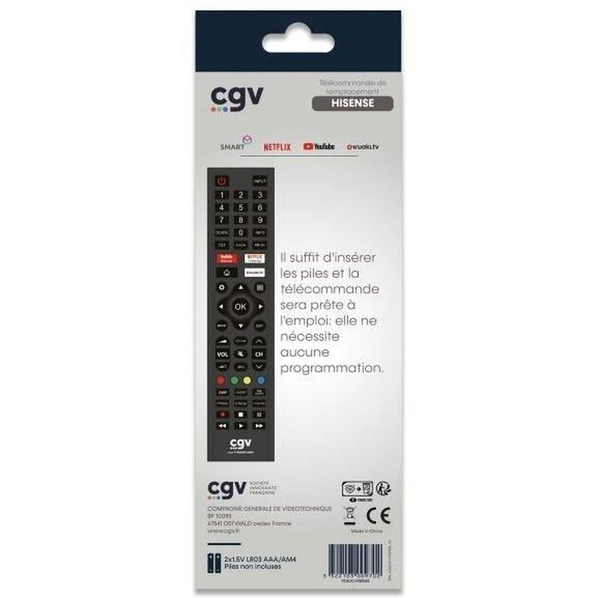 TV-Fernbedienung der Marke CGV. Schwarze Fernbedienung mit roten Tasten. Verpackung.