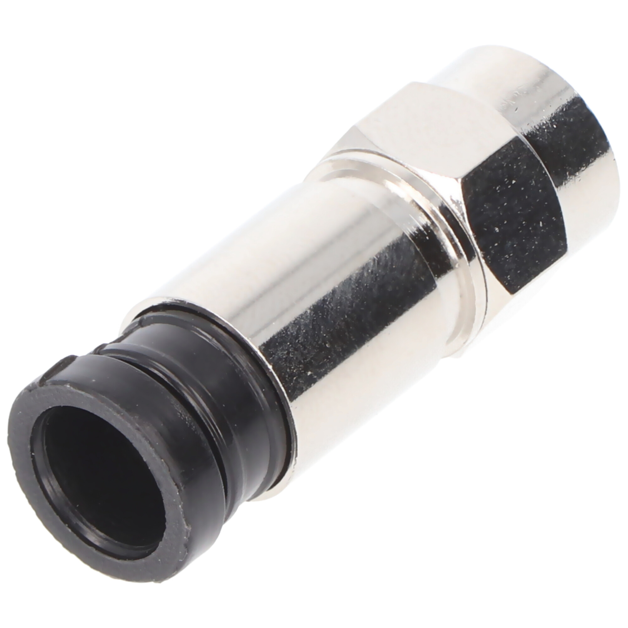 Zilveren coaxkabelconnector met zwart plastic uiteinde, geïsoleerd op witte achtergrond.