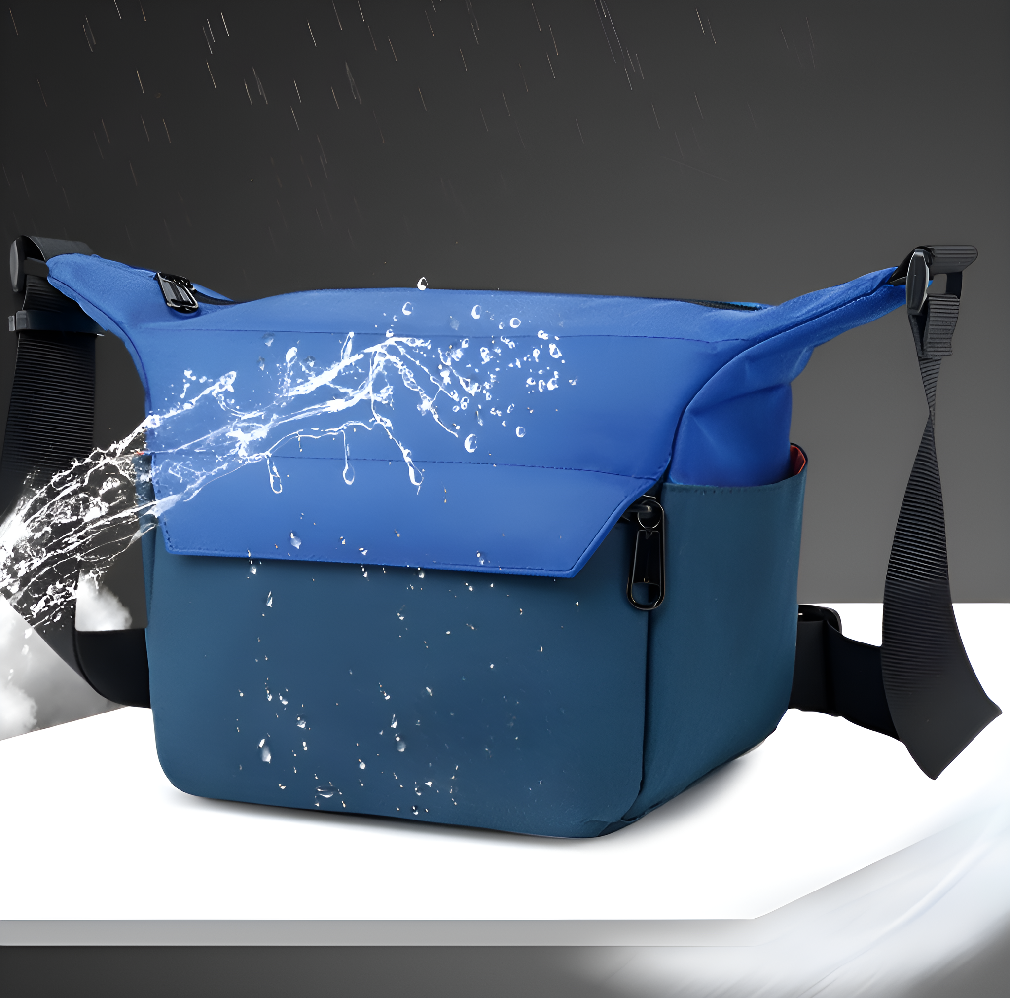 Blaue Umhängetasche mit Wasserspritzern, isoliert auf weißem Hintergrund.