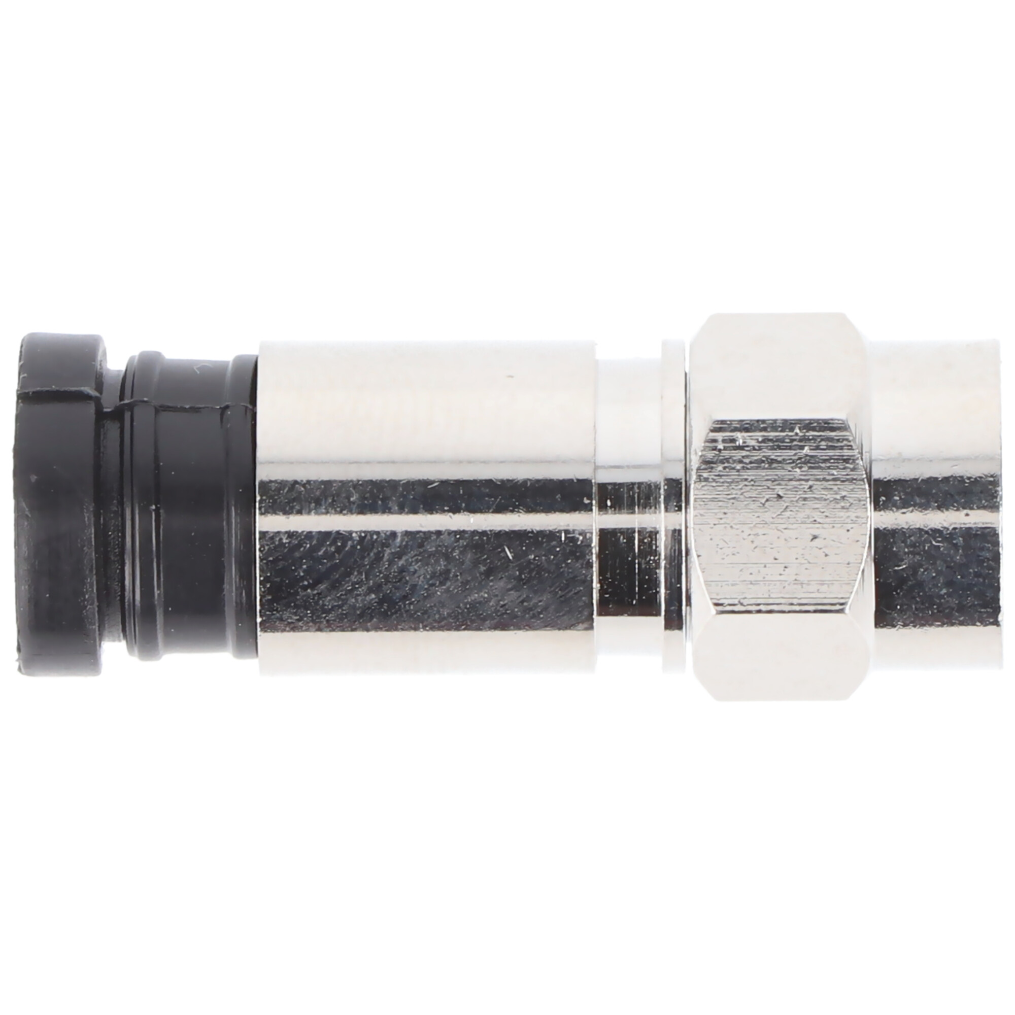 Een zilveren en zwarte coaxiale connector met een zwarte plastic ring.