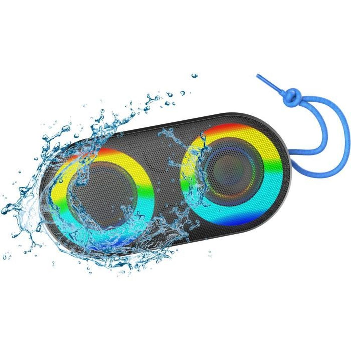 Schwarzer Lautsprecher mit Wasserspritzern. Bunte Lichter, blaue Schnur.