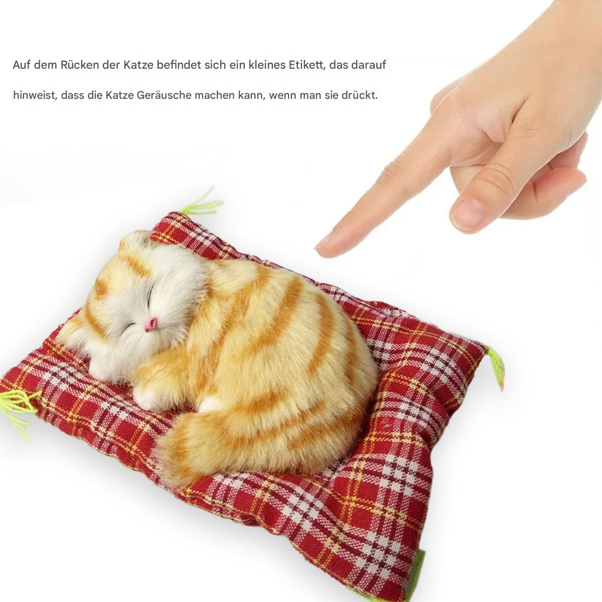 Eine Spielzeugkatze, die auf einem rot-weiß karierten Kissen ruht, mit einem Finger, der darauf zeigt.
