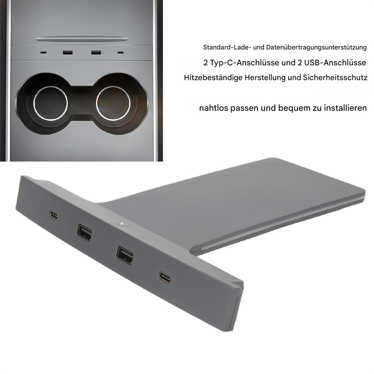 Graue Autokonsole mit Getränkehaltern und USB-Anschlüssen. Untere Ansicht zeigt eine Ladestation mit Anschlüssen.