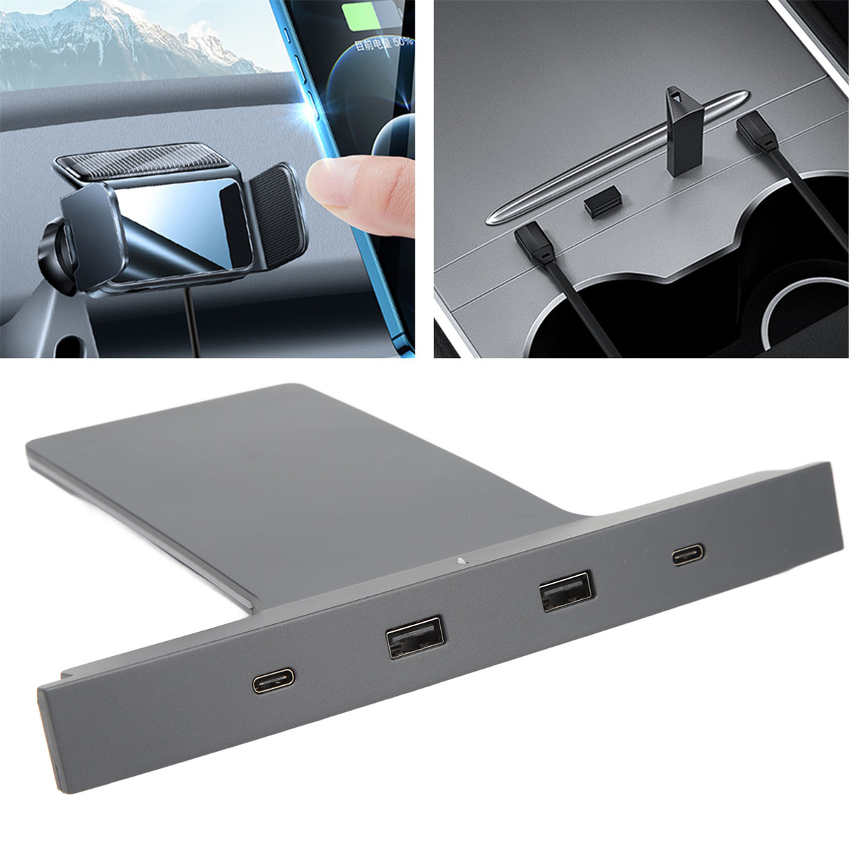 Auto-Innenraum mit Telefon in einer Magnetbefestigung, verbunden mit einem USB-Hub zum Aufladen.