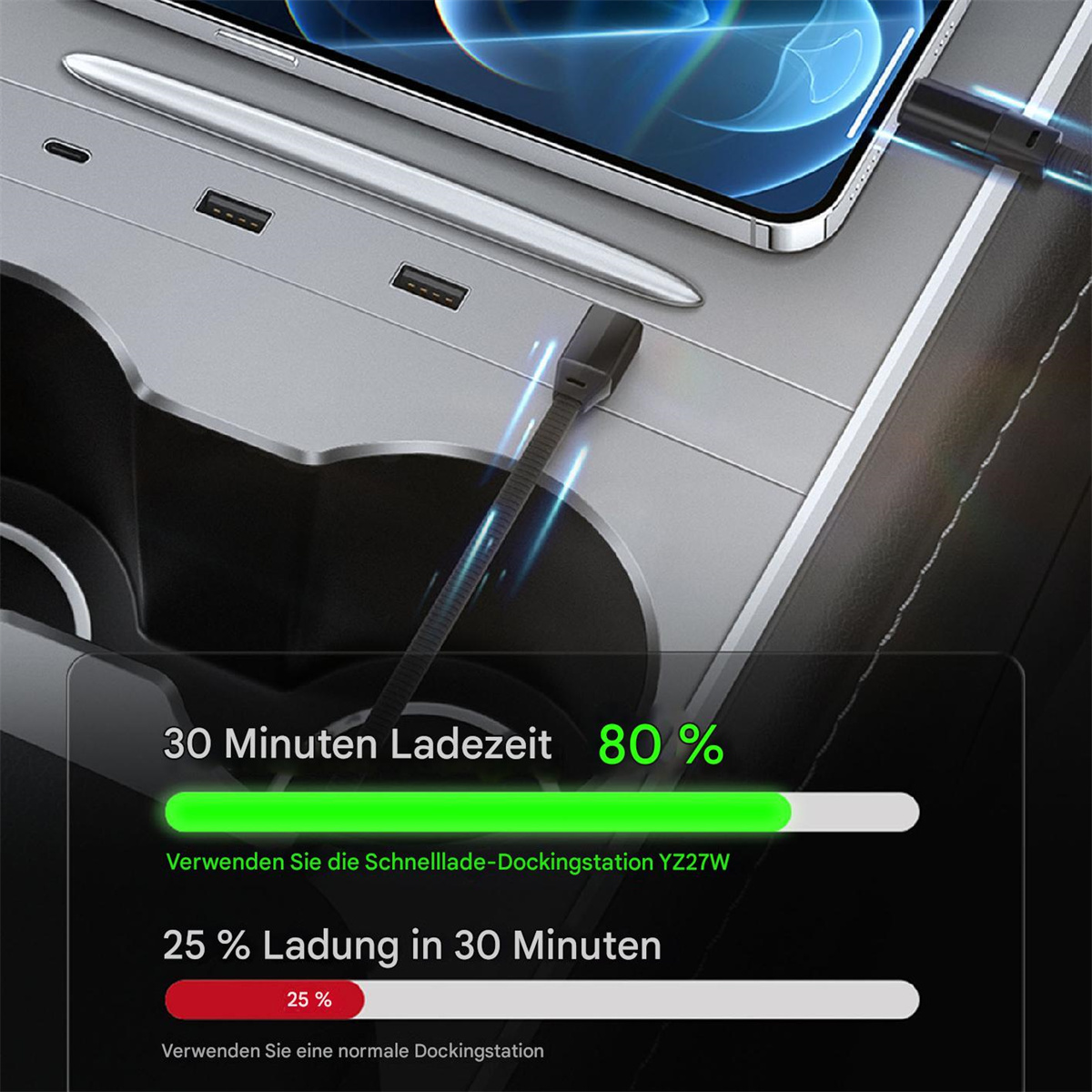 Ladestation mit Telefon und Stift. Der Bildschirm zeigt den Ladefortschritt: 80 % in 30 Minuten.