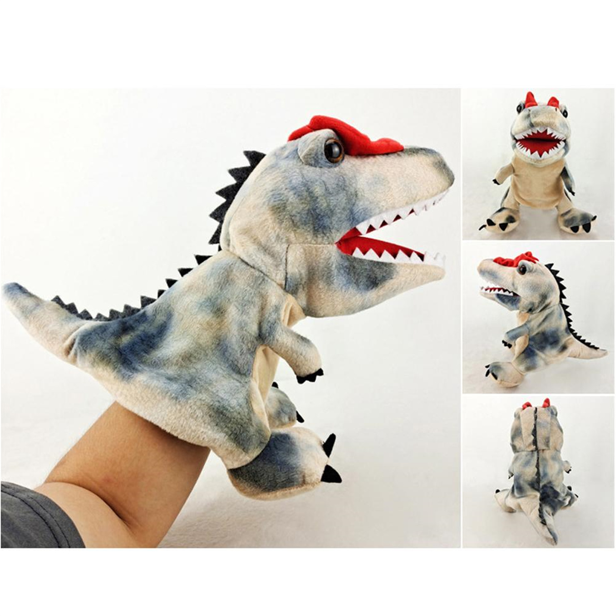 Dinosaurier-Handpuppe mit rotem Kamm. Verschiedene Ansichten der Puppe, einschließlich Seite und oben.