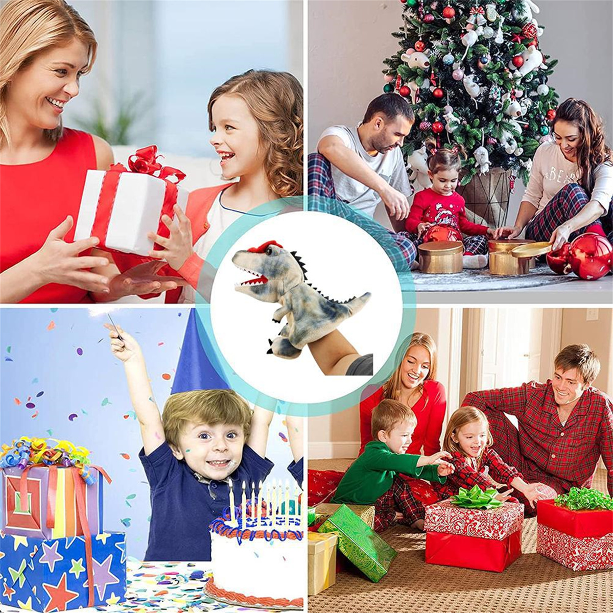 Collage aus vier Bildern. Menschen und Geschenke. Weihnachtsbaum, Geburtstagskuchen und Handpuppe.