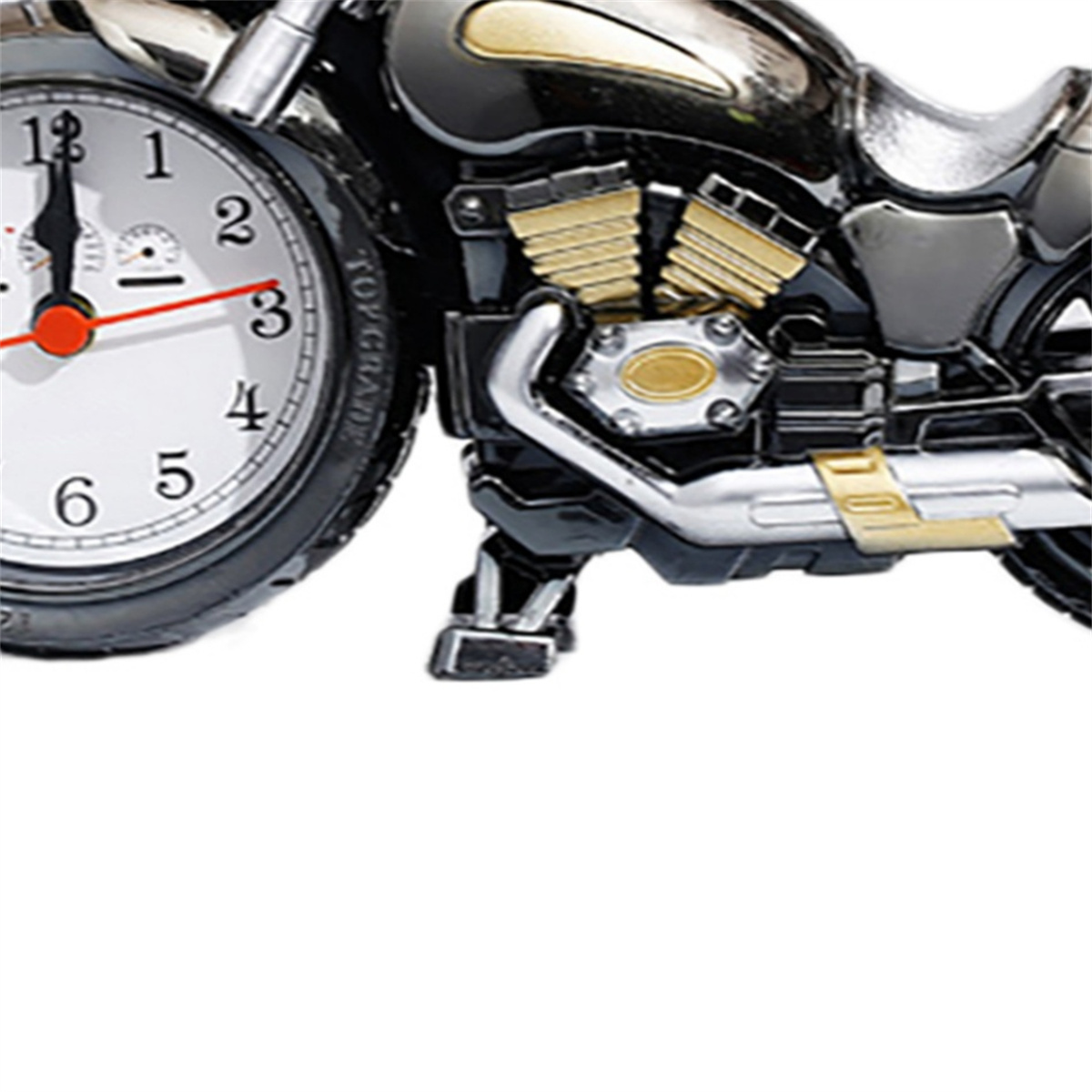 Uhr in Motorradform. Die Uhr zeigt 3:00 Uhr an. Das Motorrad ist schwarz und silber.