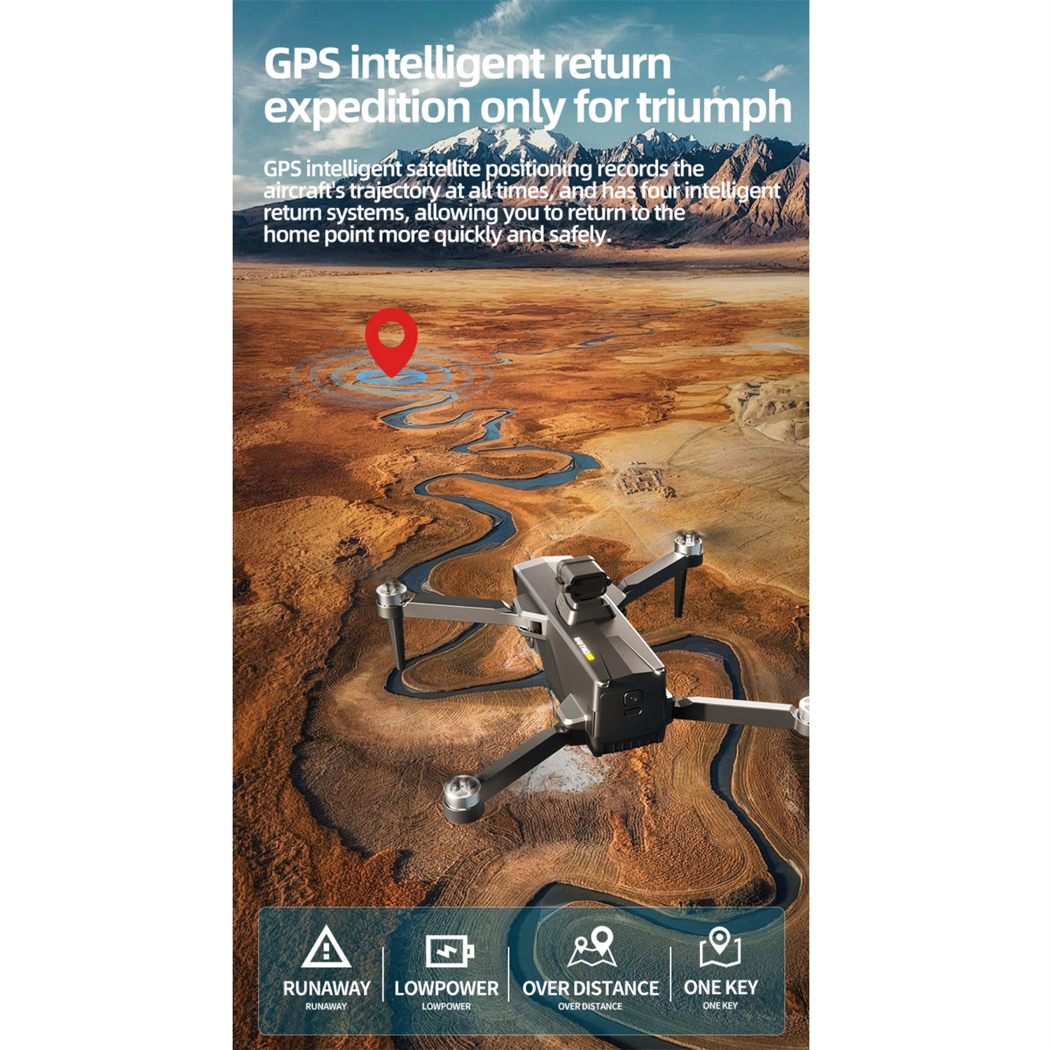 Drohne mit Text über GPS-Rückkehr. Es befindet sich über einer Landschaft mit Fluss und braunem Gelände.