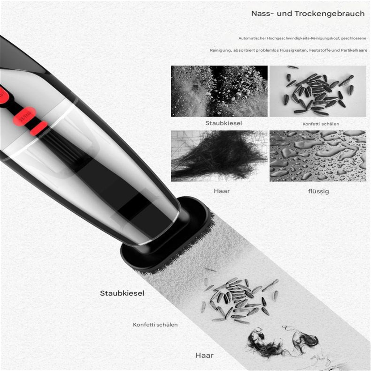 Vakuumkopf, mit Details von Schmutz, Haaren und Wassertropfen. Schwarz und transparent.