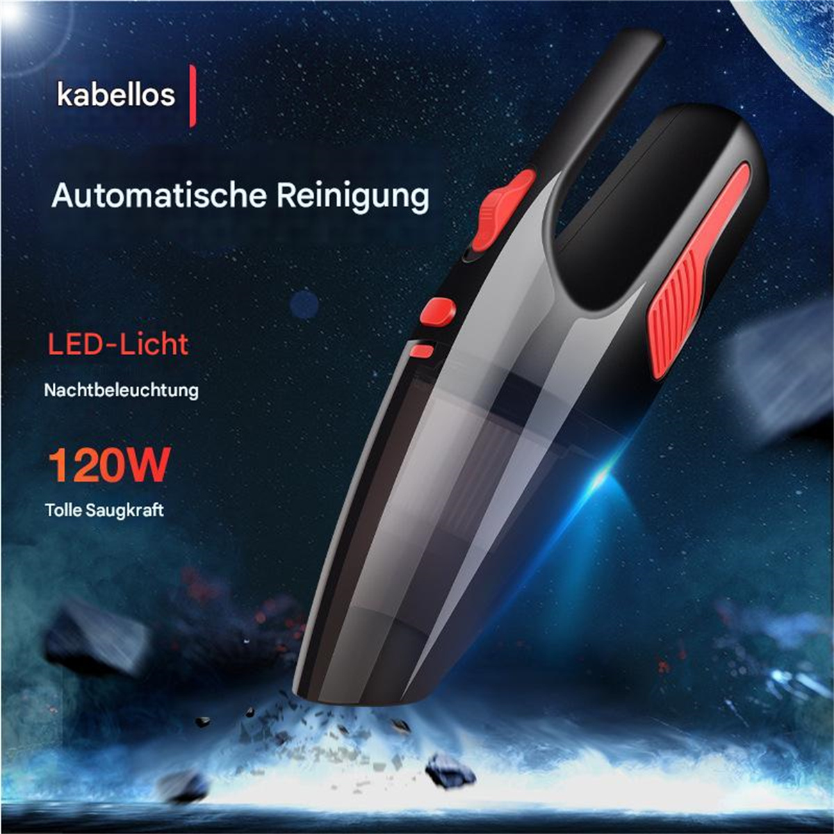 Schwarzer Handstaubsauger mit roten Akzenten. Der Text lautet automatische Reinigung und LED-Licht.