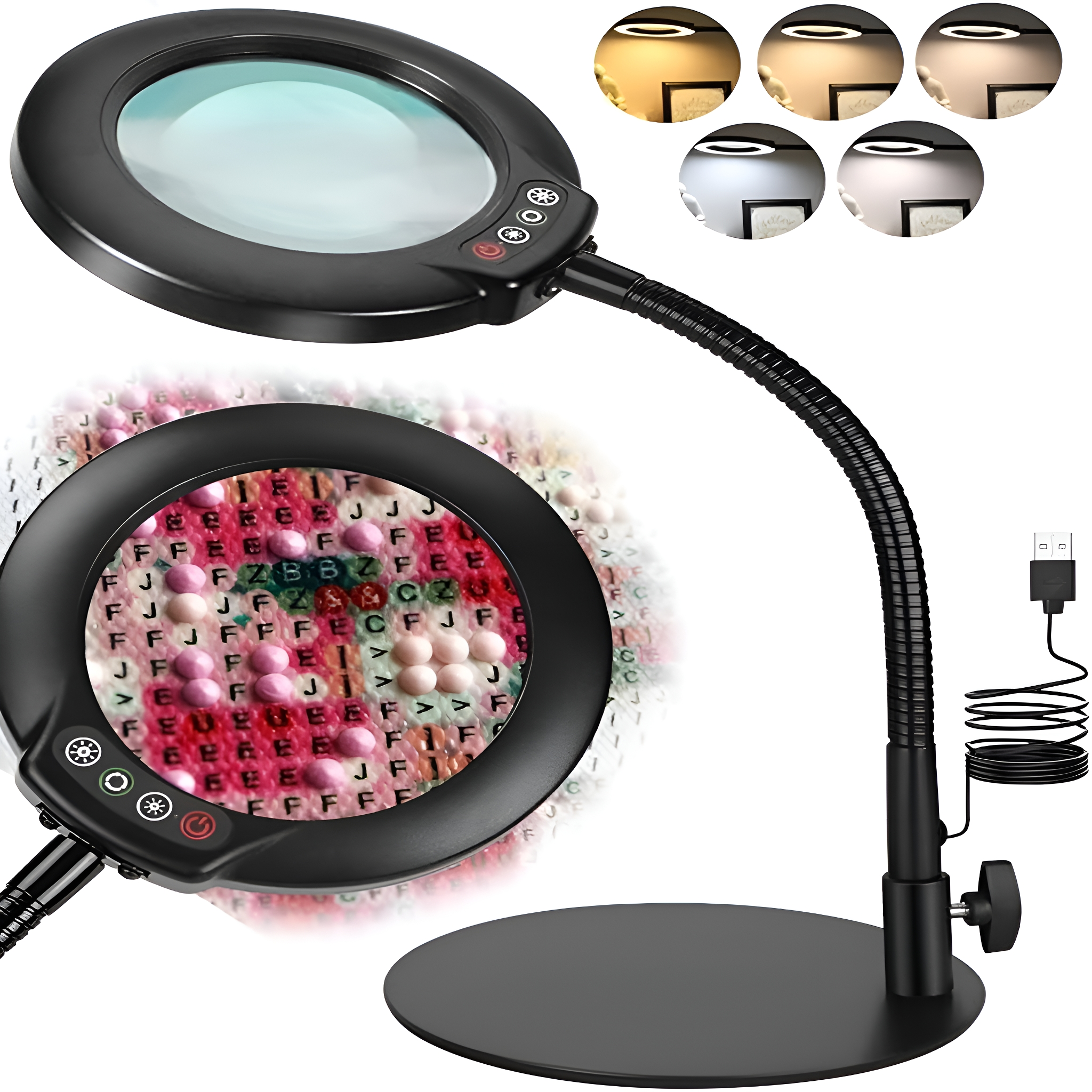 Eine schwarze Lupenlampe mit flexiblem Hals, die ein detailliertes Bild auf einer Oberfläche beleuchtet.
