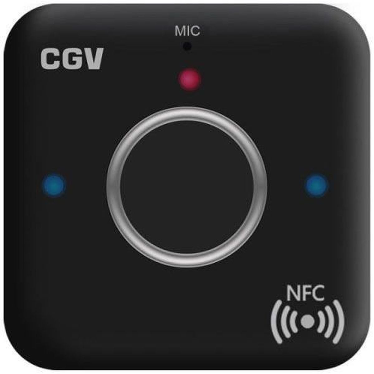 Ein schwarzes quadratisches Gerät mit einem silbernen Kreis und dem Wort NFC und CGV.
