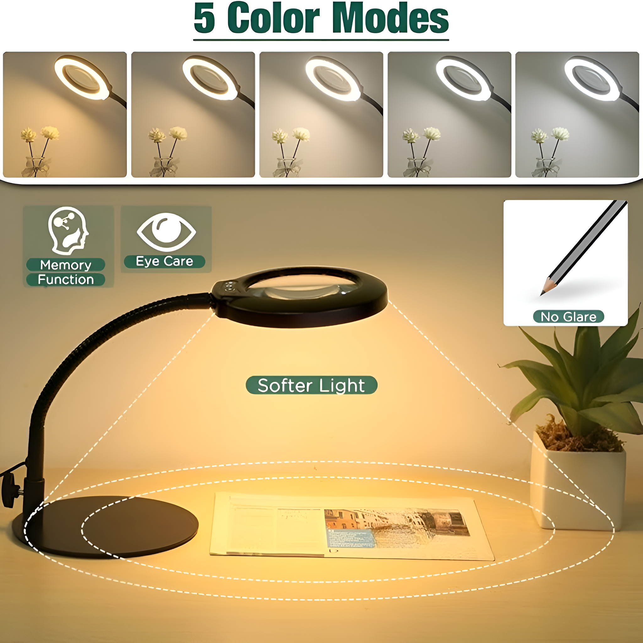 Eine Lupenlampe mit flexiblem Arm, 5 Lichtmodi und einer kleinen Pflanze.
