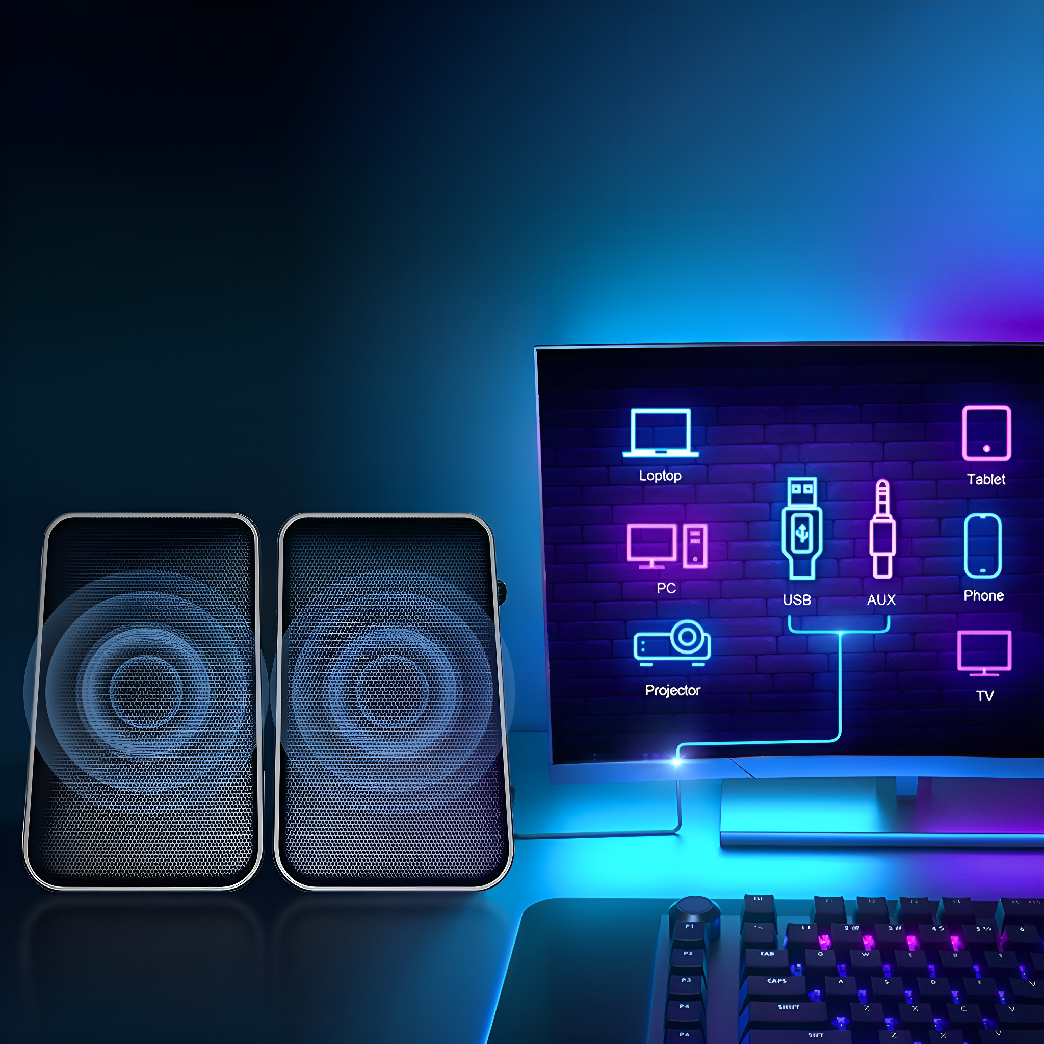 Schwarze Lautsprecher mit blauen Lichteffekten, an einen Monitor angeschlossen. Tastatur im Vordergrund.