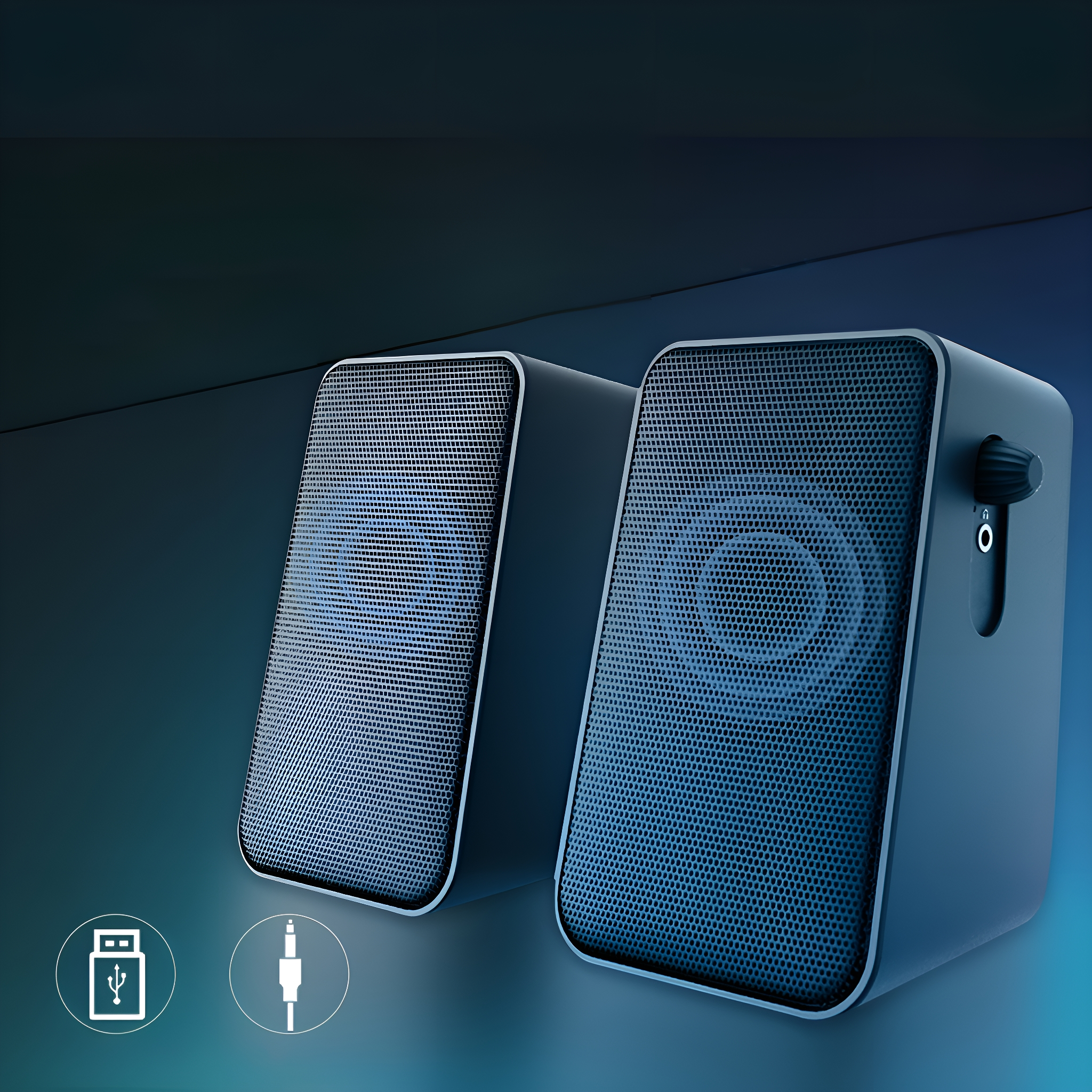 Zwei dunkelblaue Lautsprecher mit Mesh-Fronten, USB- und Audiobuchsen-Symbolen.