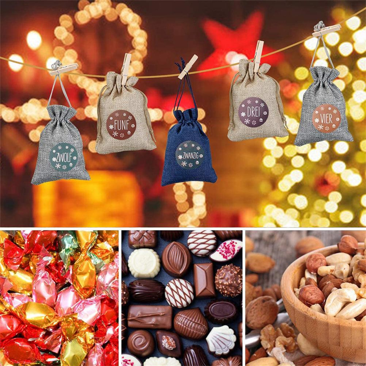 Adventskalender-Beutel mit Süßigkeiten und Schokolade, bunte Bonbons, Nüsse.