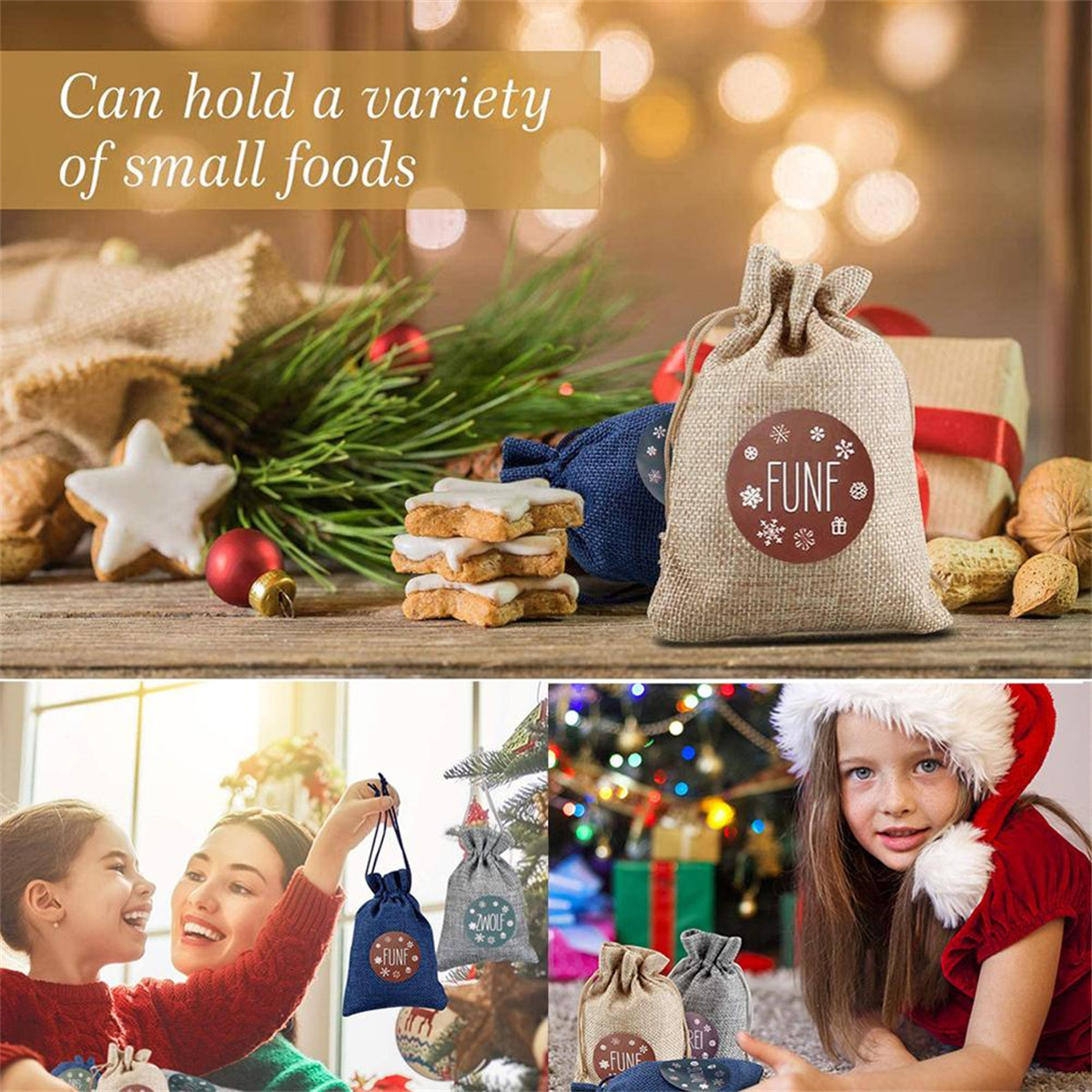 Beutel mit Lebensmitteln, mit Weihnachtselementen verziert. Text: Kann eine Vielzahl kleiner Lebensmittel halten.