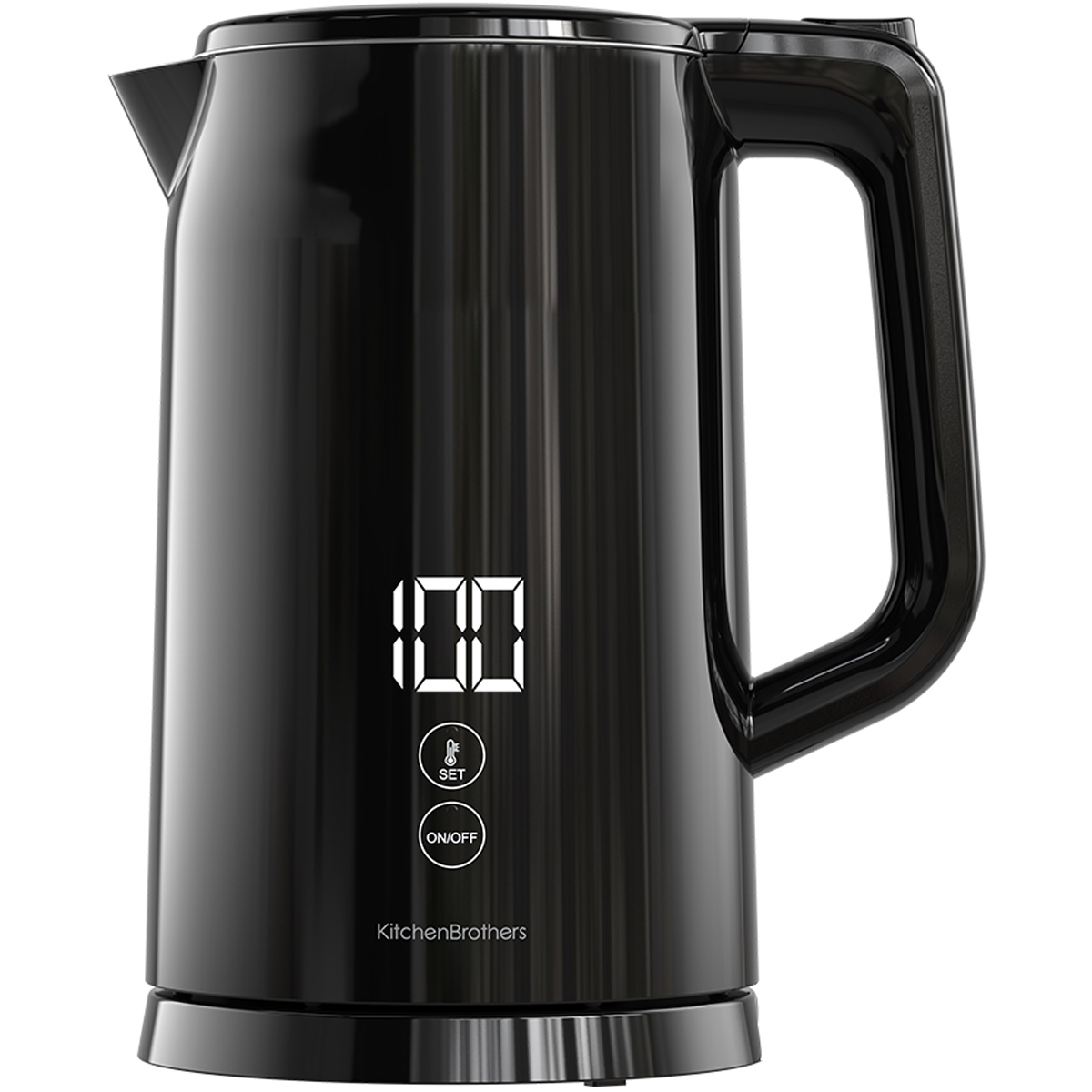 Zwarte waterkoker. Digitaal display toont 100. Heeft handvat en knoppen. KitchenBrothers logo.