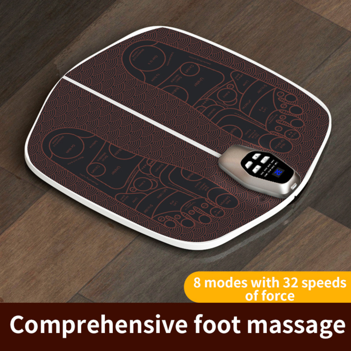 Fußmassagegerät mit braunen Fußdiagrammen und Fernbedienung. Text: '8 Modi'.