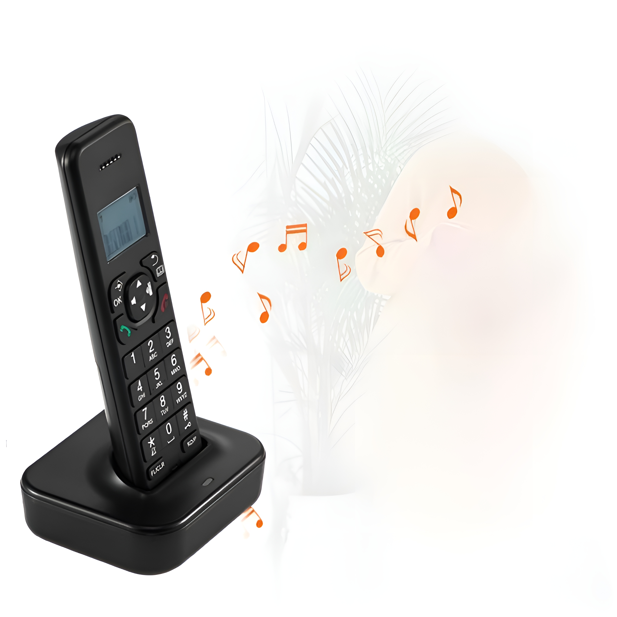 Schwarzes schnurloses Telefon auf einer Basis, mit Noten und Pflanze im Hintergrund.