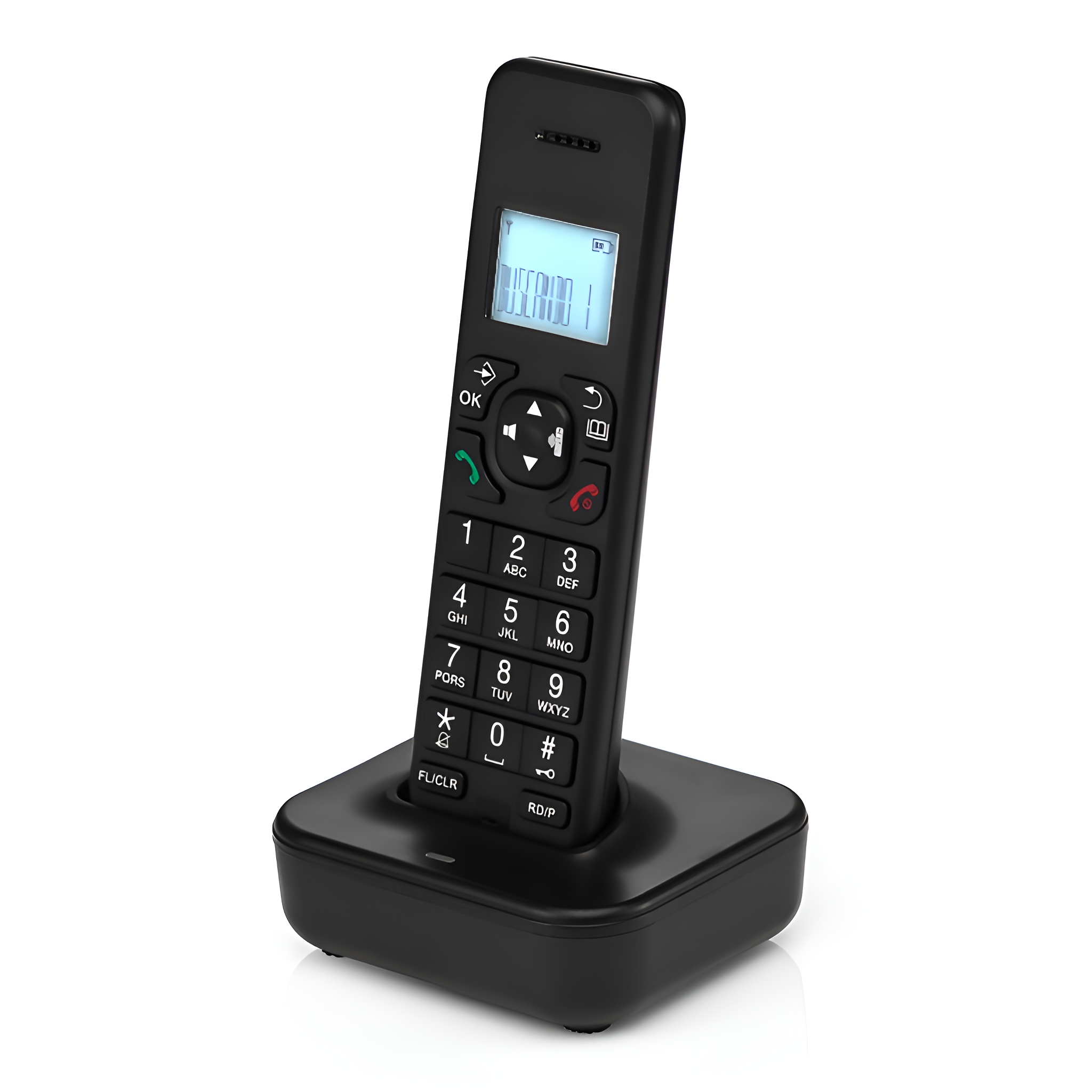 Schwarzes schnurloses Telefon auf schwarzer Basis. Das Telefon hat eine Tastatur und ein Display. Weißer Hintergrund.