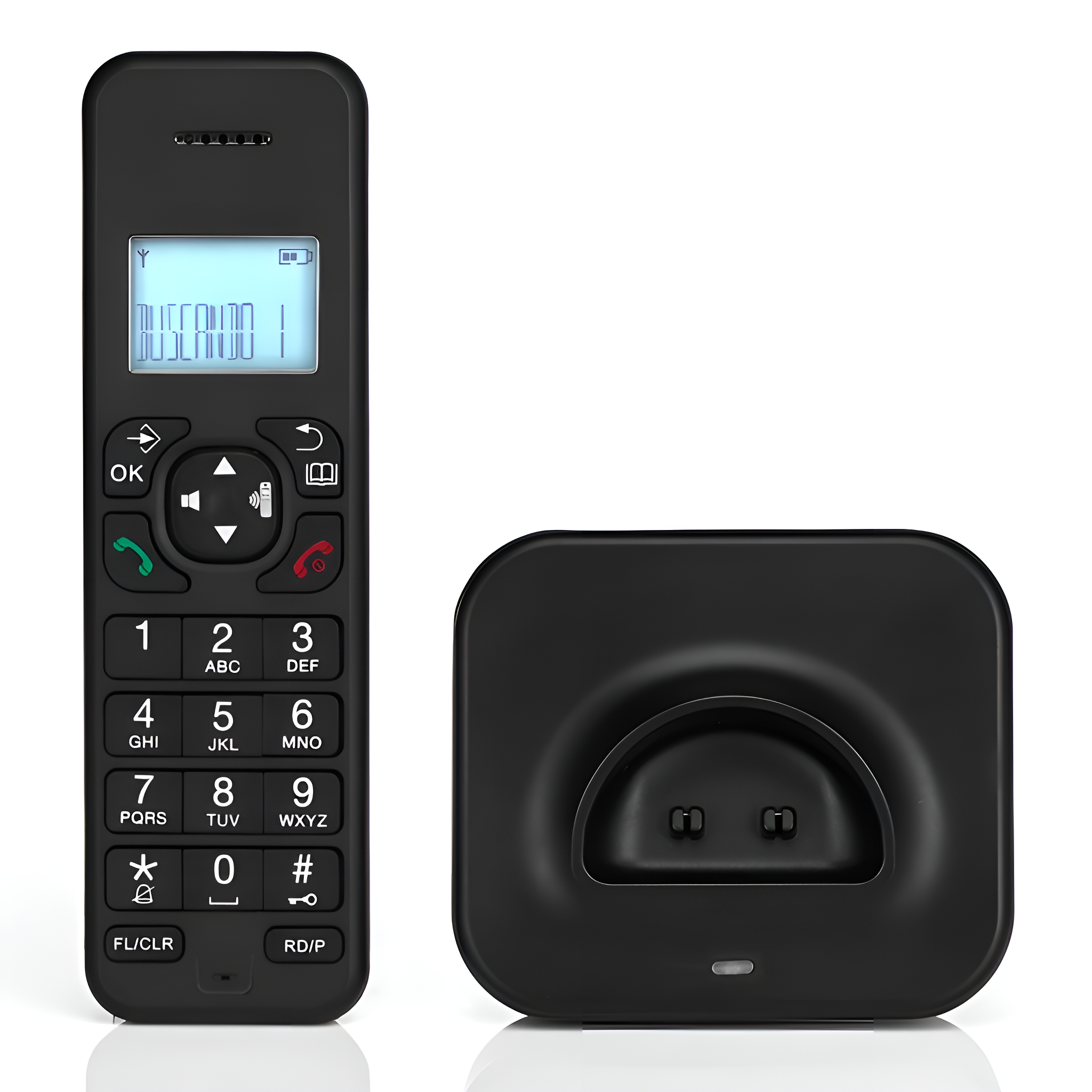 Schwarzes schnurloses Telefon mit Display und Ziffernblock und schwarzer Ladestation.