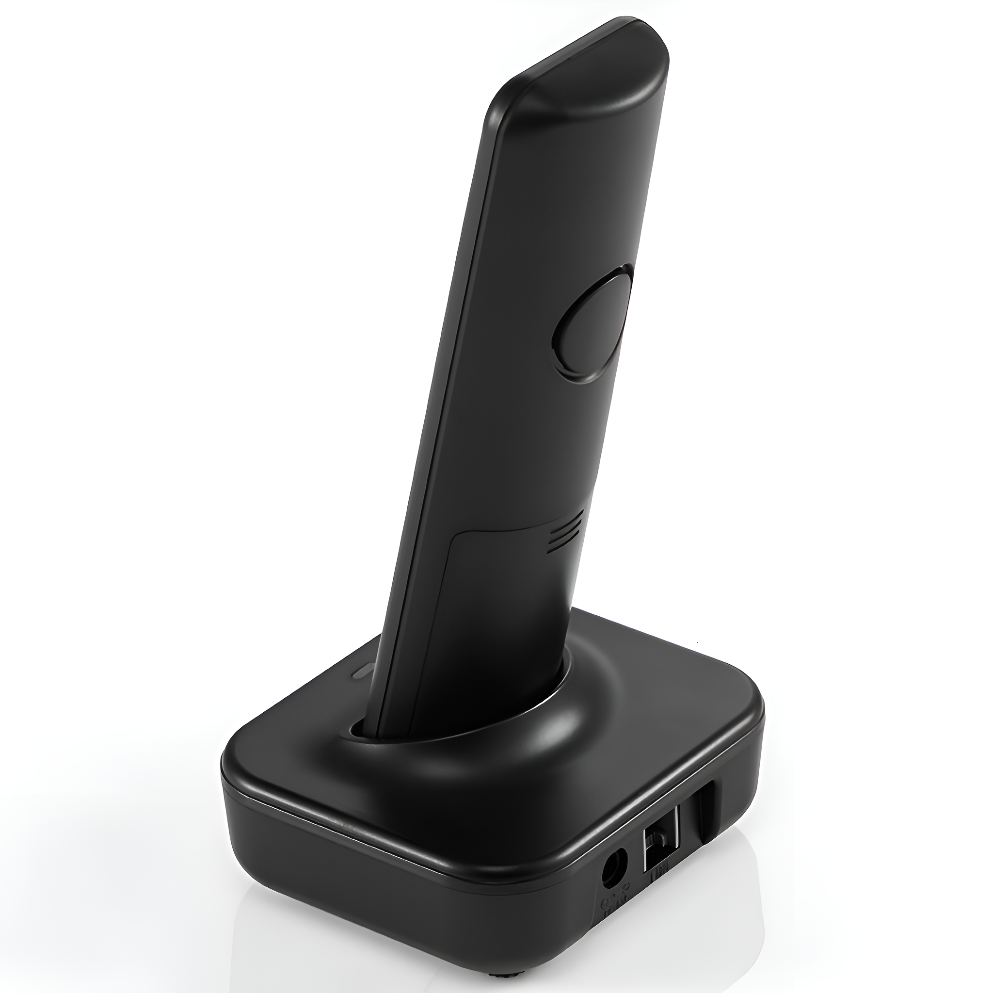 Eine schwarze schnurlose Telefonbasis mit einem Telefon darin, isoliert auf weißem Hintergrund.