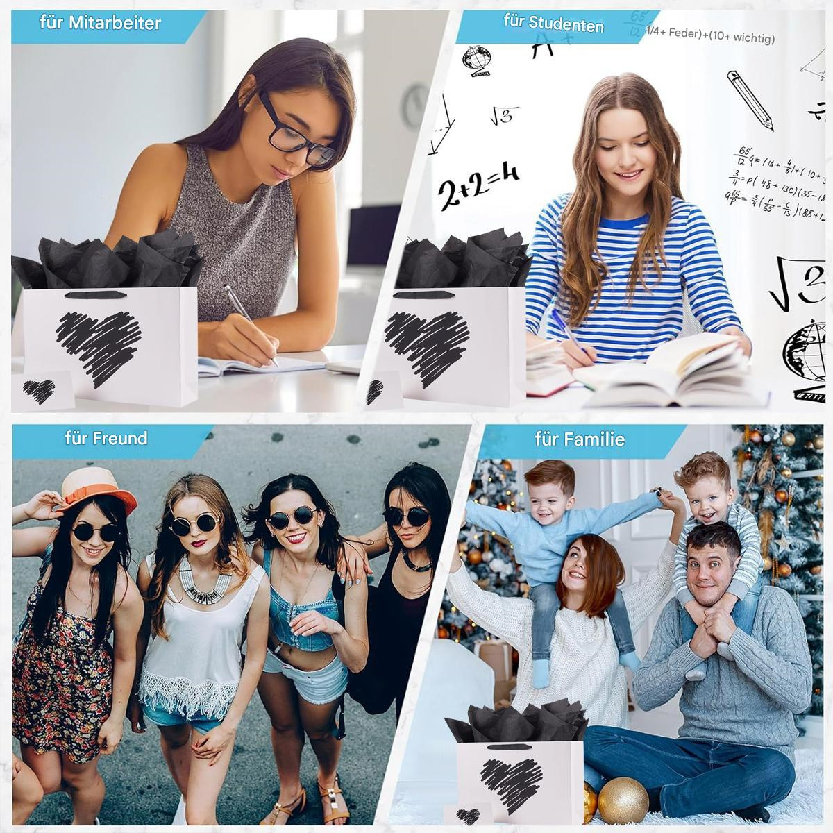 Vier Bilder, die Menschen mit Geschenken zeigen. Jedes Bild zeigt eine Geschenktüte mit Herzdesign und eine Person.
