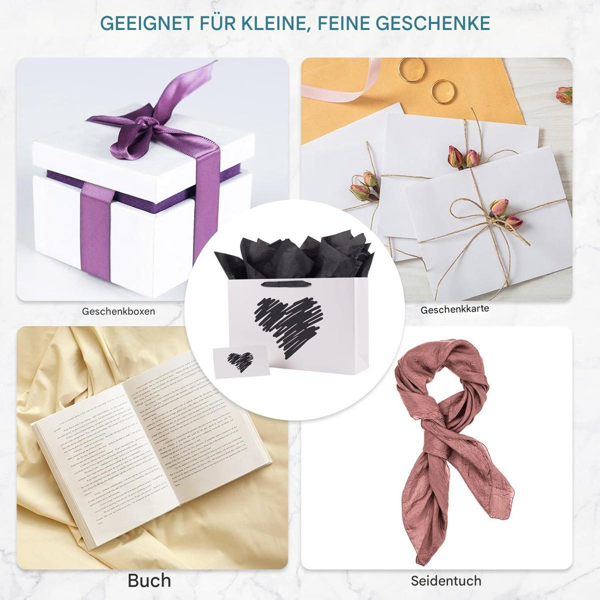 Bilder, die Geschenkideen zeigen: Geschenkboxen, Karten, ein Buch und ein Schal.