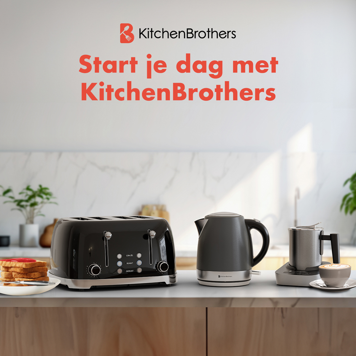 Scène de cuisine avec un grille-pain noir, une bouilloire et une cafetière sur un comptoir en bois.