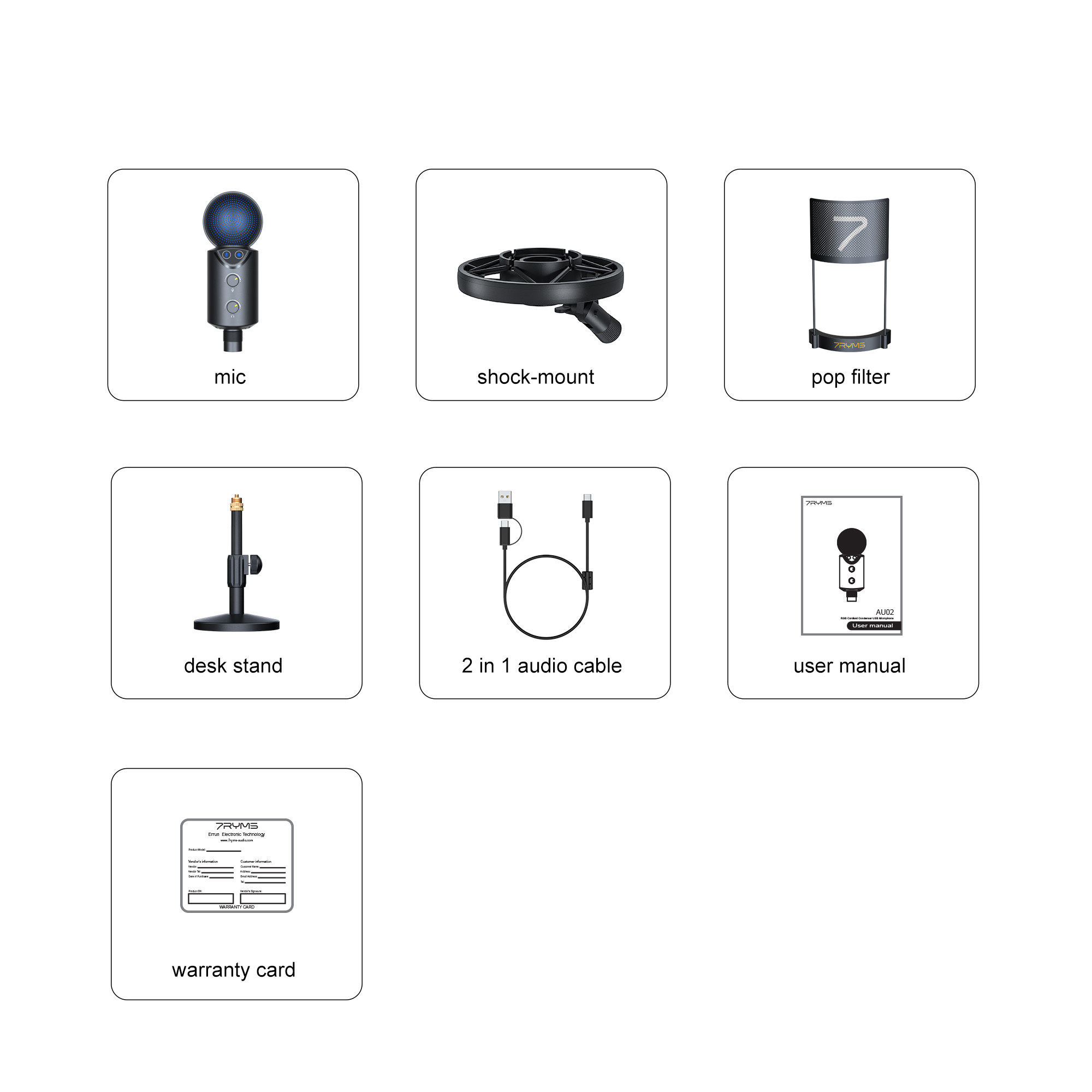Zeven afbeeldingen met microfoon, shockmount, popfilter, bureaustandaard, audiokabel, handleiding, garantiekaart.