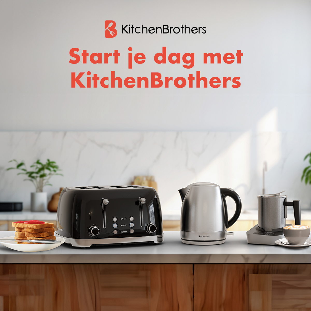 Küchentheke mit Toaster, Wasserkocher und Kaffeemaschine.