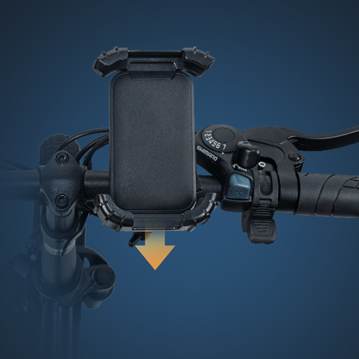 Czarny uchwyt na telefon na kierownicy roweru. Strzałka wskazuje regulację.