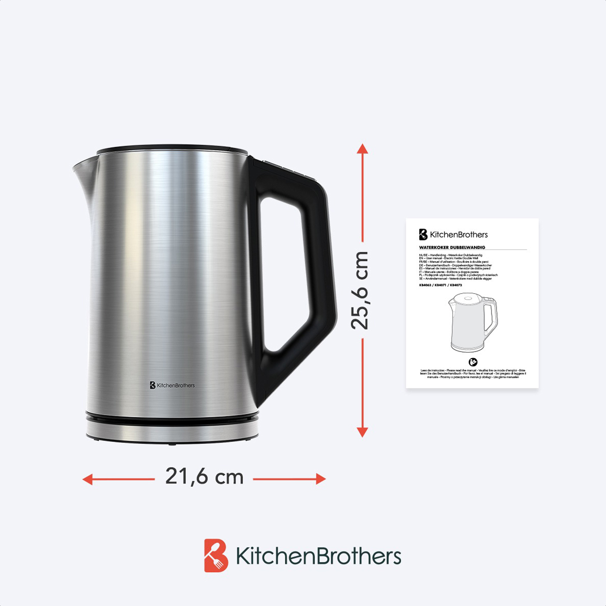 Bouilloire électrique argentée avec dimensions: 21,6 cm de large, 25,6 cm de haut. Manuel du produit à côté.
