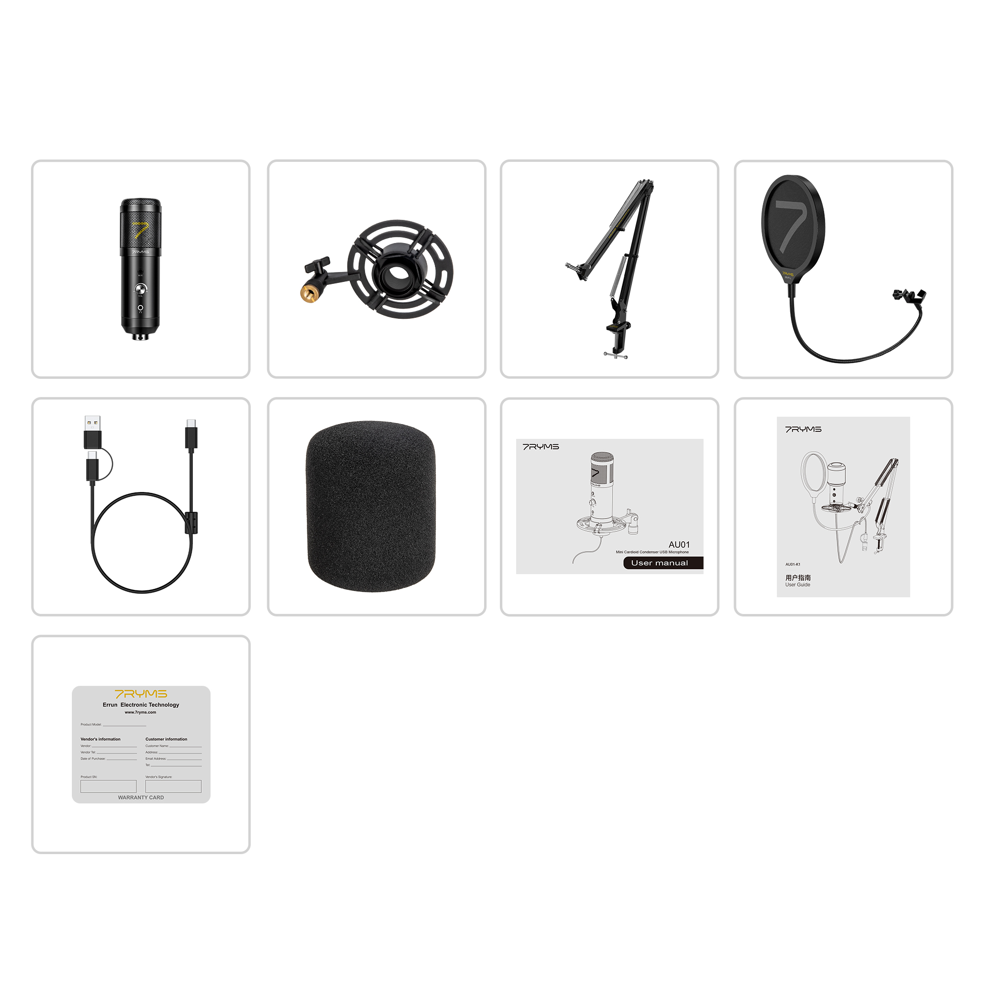 Een set audio-opnameapparatuur, waaronder een microfoon, standaard en accessoires.