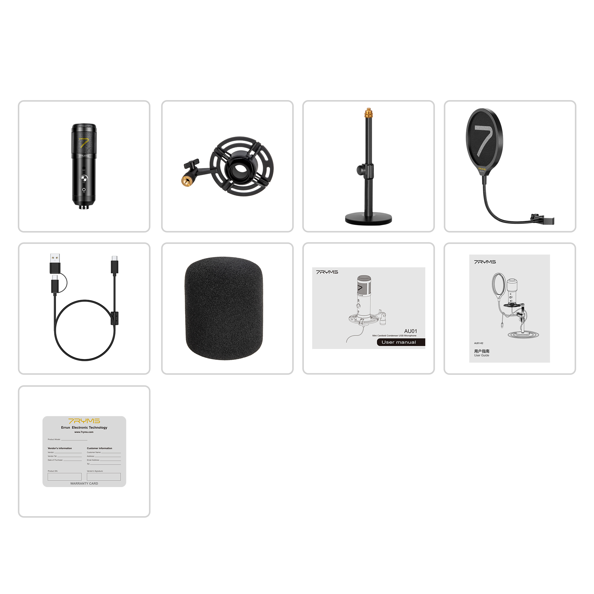 Une collection d'accessoires de microphone, dont un microphone, un pied, un câble et un manuel d'utilisation.
