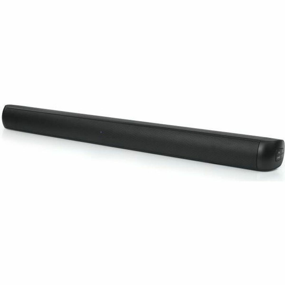Una soundbar nera, lunga e rettangolare.