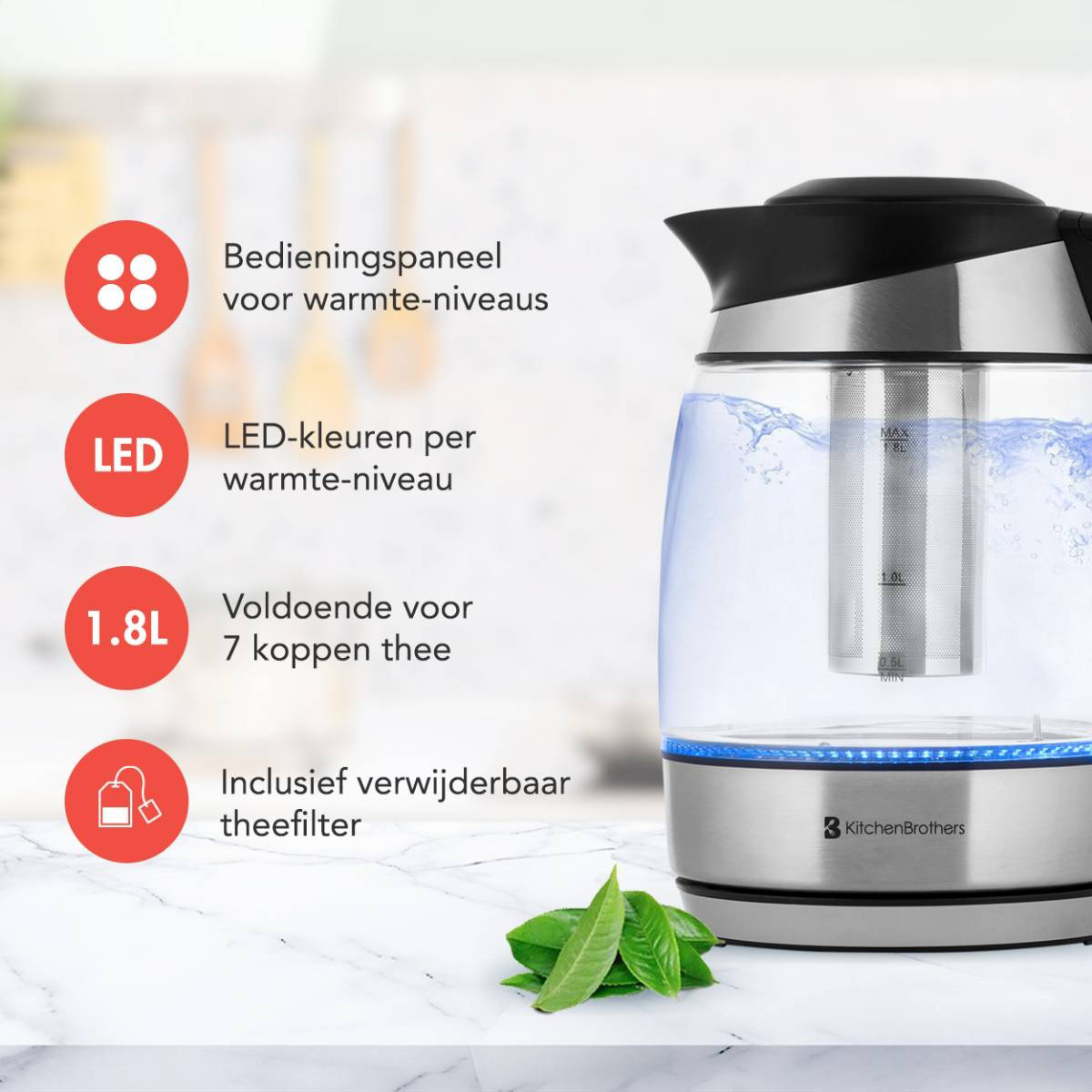 Transparent electric kettle showing water and a tea infuser. Has labels with features, and tea leaves.