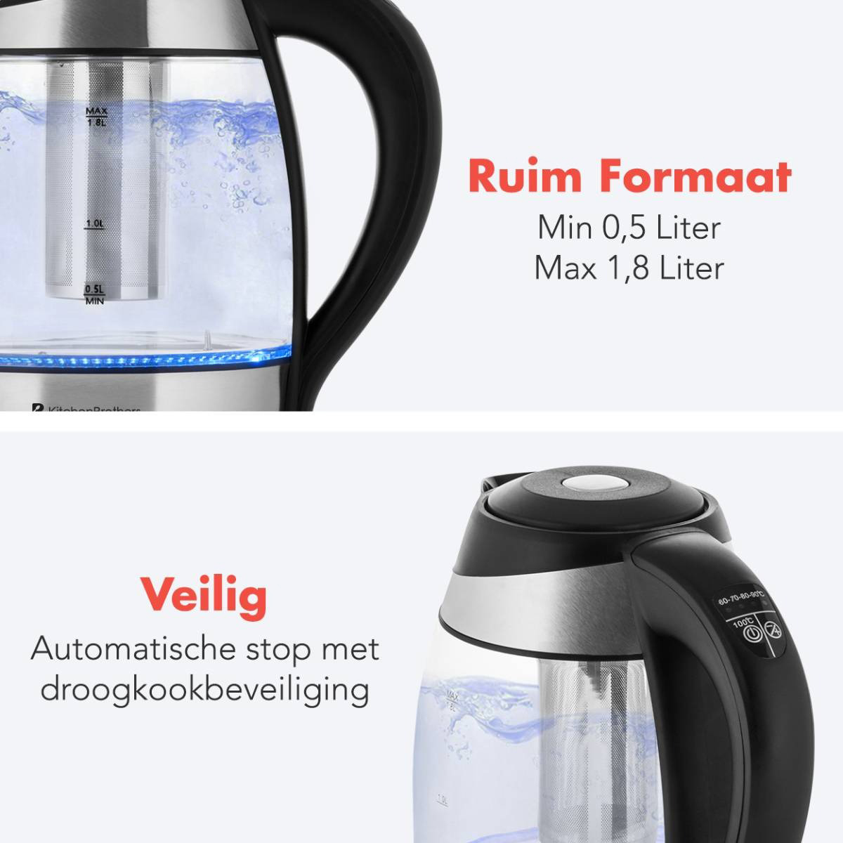 A close up of a black and silver kettle with clear view of the water level.