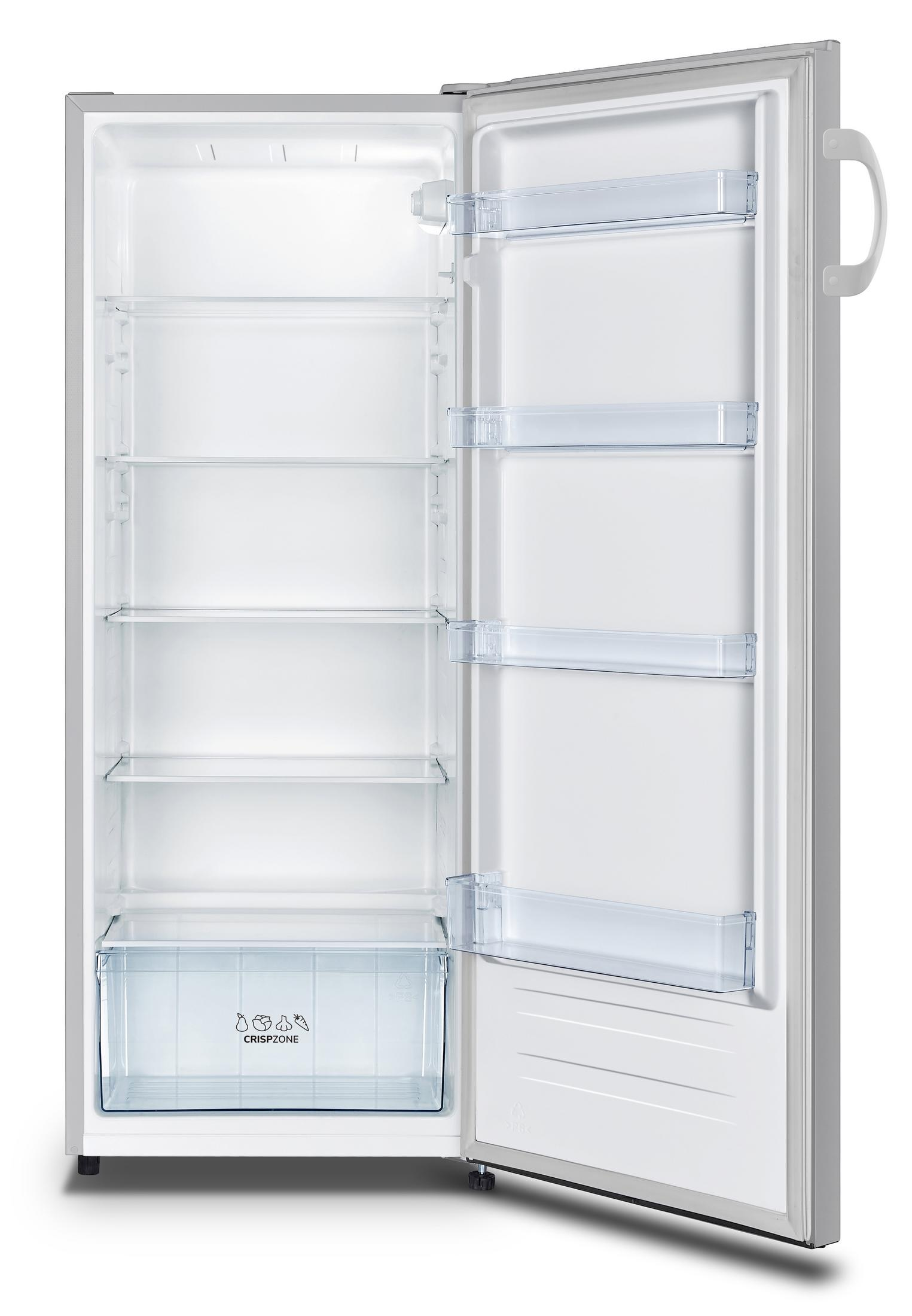 Ein leerer silberner Kühlschrank mit offener Tür, zeigt Regale und eine Schublade.