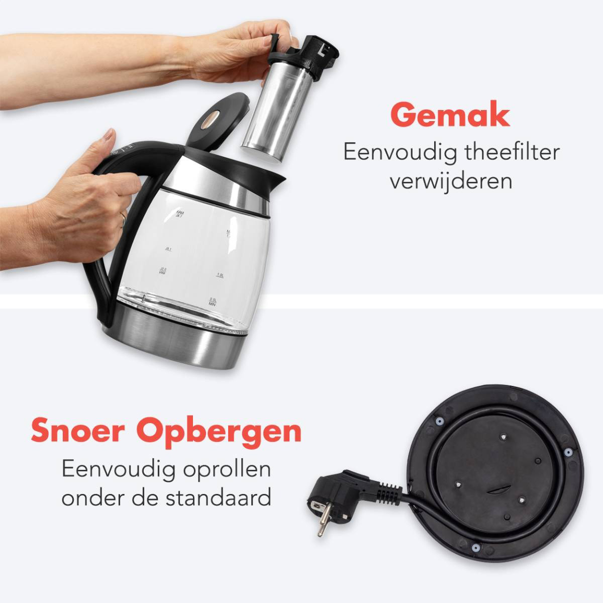 Kettle disassembled. Removable tea filter and power cord storage displayed with text in Dutch.